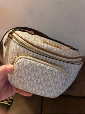 Michael Kors White Beige Logo Crossbody Belt Bag with Gold Hardware